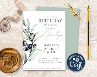 Italian Olive Branch Watercolor Birthday Invitation, Printable Olive Branch Invitation,  Corjl template, elegant watercolor invitation