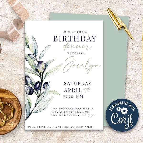 Italian Olive Branch Watercolor Birthday Invitation, Printable Olive Branch Invitation,  Corjl template, elegant watercolor invitation