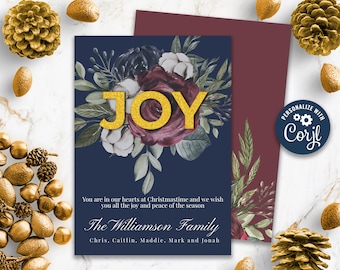 Joy Editable Christmas Card, Floral Printable Christmas Card, Christmas Card Template, Corjl Template, Printable Holiday Card