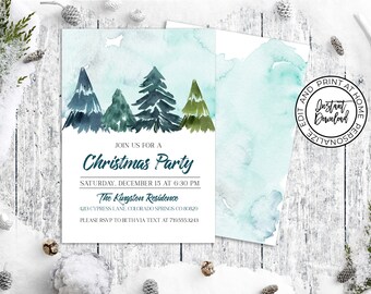 Watercolor Trees Christmas Invitation, Editable Christmas Invitation, Christmas Party Invite, Digital Download, Printable Holiday Invite