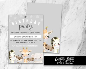 Invitation d'anniversaire d'animaux dans des masques, invitation d'anniversaire d'enfant modifiable, invitation d'animal, modèle de Corjl, anniversaire covid, fête de masque