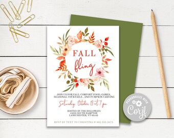 Floral Thanksgiving Invitation, Farmhouse Friendsgiving, Fall Fling Invitation, Editable Thanksgiving, Printable Invitation, Corjl Template