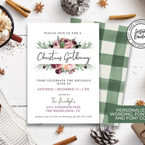 Plum Christmas Gathering Invitation, Christmas Watercolor Invitation, Printable Holiday Party Invite, Corjl Template, Editable Christmas