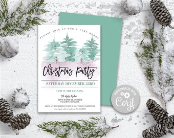 Invitation de fête de Noël d'arbres d'aquarelle, invitation de Noël imprimable, modèle de Corjl, modèle d'invitation de Noël modifiable