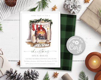 Printable Christmas Open House Invitation, Editable Open House Invite, Watercolor Christmas Invitation, Holiday Party Corjl Template