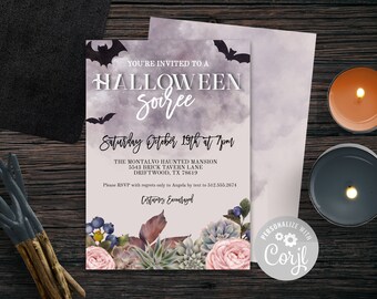 Invitation de soirée d'Halloween, fête d'Halloween élégante, invitation d'Halloween modifiable, invitation succulente, modèle Corjl,
