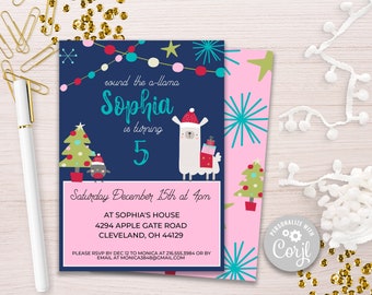 Christmas Llama Birthday Party Invitation, Editable Kid's Birthday Invitation, Little Girl Birthday Party, llama party, Corjl Template