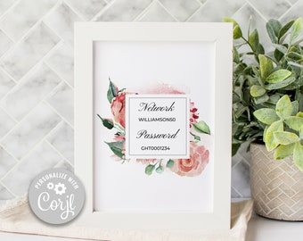 Pink Rose Farmhouse Wifi Password Sign, Editable Wifi Sign, Internet Password Sign, Printable Floral wifi,  (8x10 and 5x7) Corjl Template
