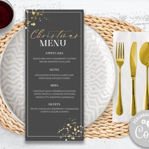 Edytowalne Eleganckie Złote Menu Kolacji, Minimalistyczne Menu Kolacji, Menu Noworoczne, Menu Do Wydrukowania, Menu Złotej Folii, Szablon Menu Corjl