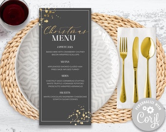 Menu de dîner en or élégant modifiable, menu de dîner minimaliste, menu du nouvel an, menu imprimable, menu en feuille d'or, modèle de menu Corjl