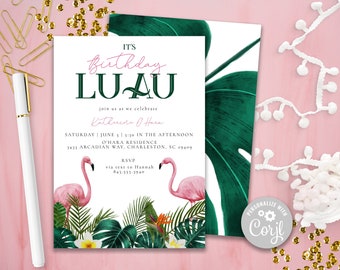 Flamingo Birthday Luau Party Invitation, Tropical Printable Invitation, Beach Invitation, Monstera Invitation, Editable Invitation, Corjl