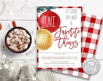 May include: A white invitation with red and gold Christmas ornaments. The invitation reads "Let's gather for a night of favorite things". It also includes the date and time of the event, the host's name, and the address. The invitation is personalized with the Corjl logo.