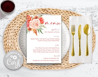 Editable Fall Floral Menu, Printable Holiday Menu  Editable Dinner Party Menu, Elegant Dinner Menu, Thanksgiving Menu, Corjl Menu Template