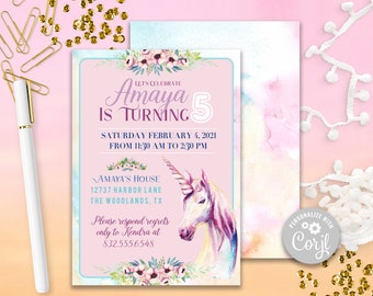 Einhorn Geburtstag bearbeitbare Einladung, druckbare Einhorn Mädchen Party Einladung, Corjl Einhorn Geburtstag Vorlage, Einhorn Geburtstag