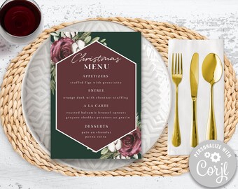 Editable Elegant Floral Christmas Menu, Burgundy Holiday Menu, Christmas Menu Printable,  Editable Dinner Party Menu, Corjl menu Template