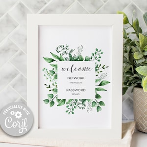 Puede incluir: Una impresión enmarcada en blanco con un diseño de hojas verdes y el texto "welcome" en cursiva negra. El texto debajo dice "Network: The Millers, Password: 18oaks".