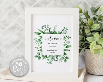 Editable Wifi Sign, Herbaceous Greenery Wifi Password Sign, Farmhouse Wifi Password Sign, (8x10 and 5x7), Corjl Wifi Template