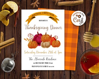 Thanksgiving Invitation Farmhouse, Thanksgiving Pumpkin Invitation, Printable Friendsgiving Invitation, Corjl Thanksgiving Template