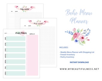 Boho Menu Planner - Inventaire du congélateur - Inventaire du garde-manger - Planificateur floral - Planificateur de ménage - Planificateur imprimable - TÉLÉCHARGEMENT INSTANTANÉ