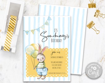 Invitation d’anniversaire de lapin, invitation d’anniversaire de petit garçon, modèle Corjl, invitation de 1er anniversaire, anniversaire d’enfant imprimable