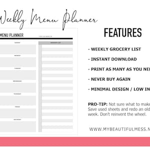 Weekly Menu Planner / Grocery List - Minimalist - PRINTABLE - INSTANT DOWNLOAD