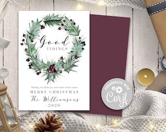 Holly Wreath Digital Christmas Card, Printable Holiday Card, Watercolor Editable Christmas Card, Corjl Christmas Template, Digital Christmas