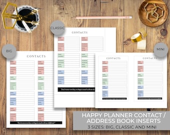 Happy Planner Contact Insert, Insert de carnet d'adresses, Planner Carnet d'adresses imprimable, BIG, MINI & CLASSIC | Téléchargement instantané