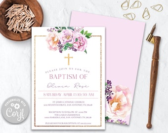 Baptism Floral Invitation, Baptism / Confirmation Printable Invitation, Spring Floral Invitation, Christian Editable Invitation, Corjl