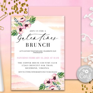 Galentine&#39;s Brunch Editable Invitation, Printable Watercolor Brunch Invite, Floral Valentine&#39;s Editable Invitation, Corjl Valentine Template