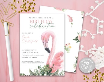 Flamingo Birthday Party Invitation, Tropical Printable Invitation, Beach Invitation, Invitation, Editable Invitation, Corjl Template