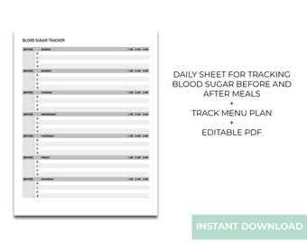 Diabetes Tracker - Blood Sugar Tracker - Blood sugar log - Glucose log - EDITABLE PRINTABLE - Instant Download