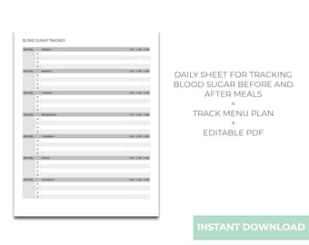 Diabetes Tracker - Blood Sugar Tracker - Blood sugar log - Glucose log - EDITABLE PRINTABLE - Instant Download