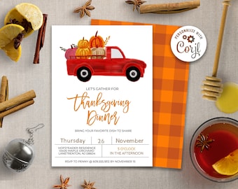 Red Truck Invitation, Fall Truck Invitation, Fall Truck Thanksgiving Invite, Thanksgiving Template, Corjl Template, Editable Invitation