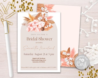 Pampas Grass Boho Bridal Shower Invitation, Boho Wedding, Boho Bridal Shower, Pampas and Cotton Editable Invitation, Printable Invitation