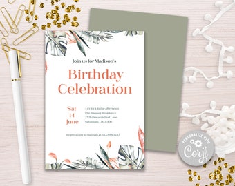 Tropical Birthday Party Invitation, Coral & Green Printable Invitation, Beach Invitation, Invitation, Editable Invitation, Corjl Template