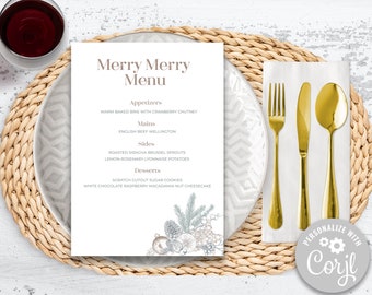 Editable Minimalist Christmas Dinner Menu, Elegant Holiday Menu, New Years Menu, Printable Menu, Winter Dinner Menu, Corjl menu Template