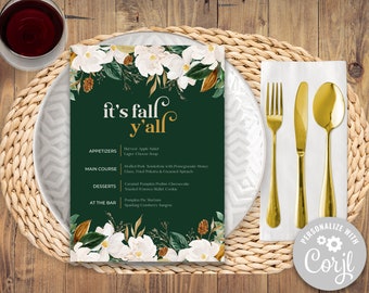 Bearbeitbares modernes Blumen-Herbst-Menü, Erntedank-Menü, Herbst-Menü druckbar, Magnolien-Dinner-Party-Menü, Corjl-Menüvorlage