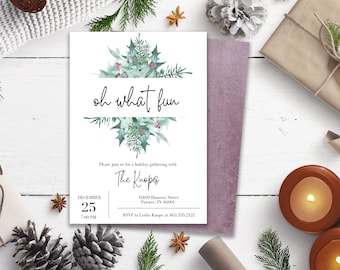 Oh What Fun Plum Holly Christmas Party Invitation, Holiday Party Invitation, Corjl Christmas Template, Christmas Party Invite,