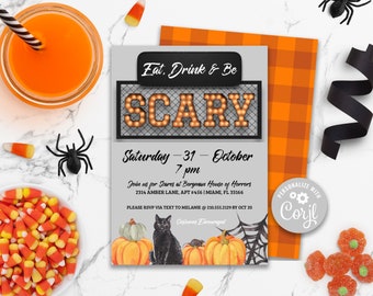 Festzelt-Halloween-Party-Einladung, Eat Drink & Be Scary, bearbeitbare Halloween-Einladung, Corjl-Vorlage, druckbare Halloween-Einladung