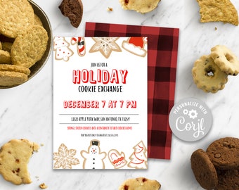 Invitation imprimable à l’échange de cookies, invitation modifiable à l’échange de cookies, modèle Corjl, invitation à l’échange de cookies à carreaux, fête des cookies de Noël