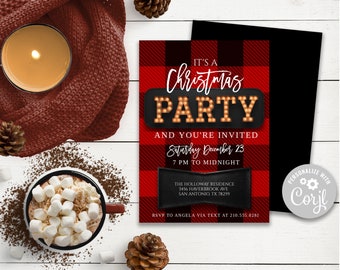 May include: Red and black buffalo plaid Christmas party invitation with a marquee sign that says "It's a Christmas Party" and "And You're Invited". The invitation also includes the date, time, and location of the party. The text "Personalize with Corjl" is in the bottom right corner.