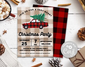Buffalo Plaid Christmas Truck Party Invitation, Buffalo Check Invite, Editable Invitation, Printable Holiday Invitation, Corjl