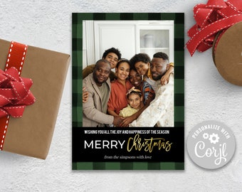 Green Plaid Editable Christmas Photo Card, Editable Christmas Card, Christmas Card Template, Corjl Template, Printable Holiday Card