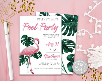 Flamingo Pool Party Einladung, tropische druckbare Einladung, Strand Einladung, Monstera Einladung, Sommer bearbeitbare Einladung, Corjl