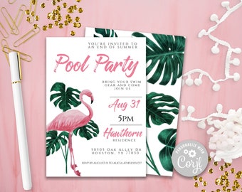 Flamingo Pool Party Invitation, Tropical Printable Invitation, Beach Invitation, Monstera Invitation, Summer Editable Invitation, Corjl