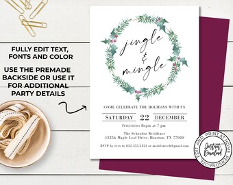 Jingle & Mingle Christmas Party Invite, Rustic Christmas Invite, Holly Wreath, Editable Christmas Invitation, Printable Invitation, Corjl