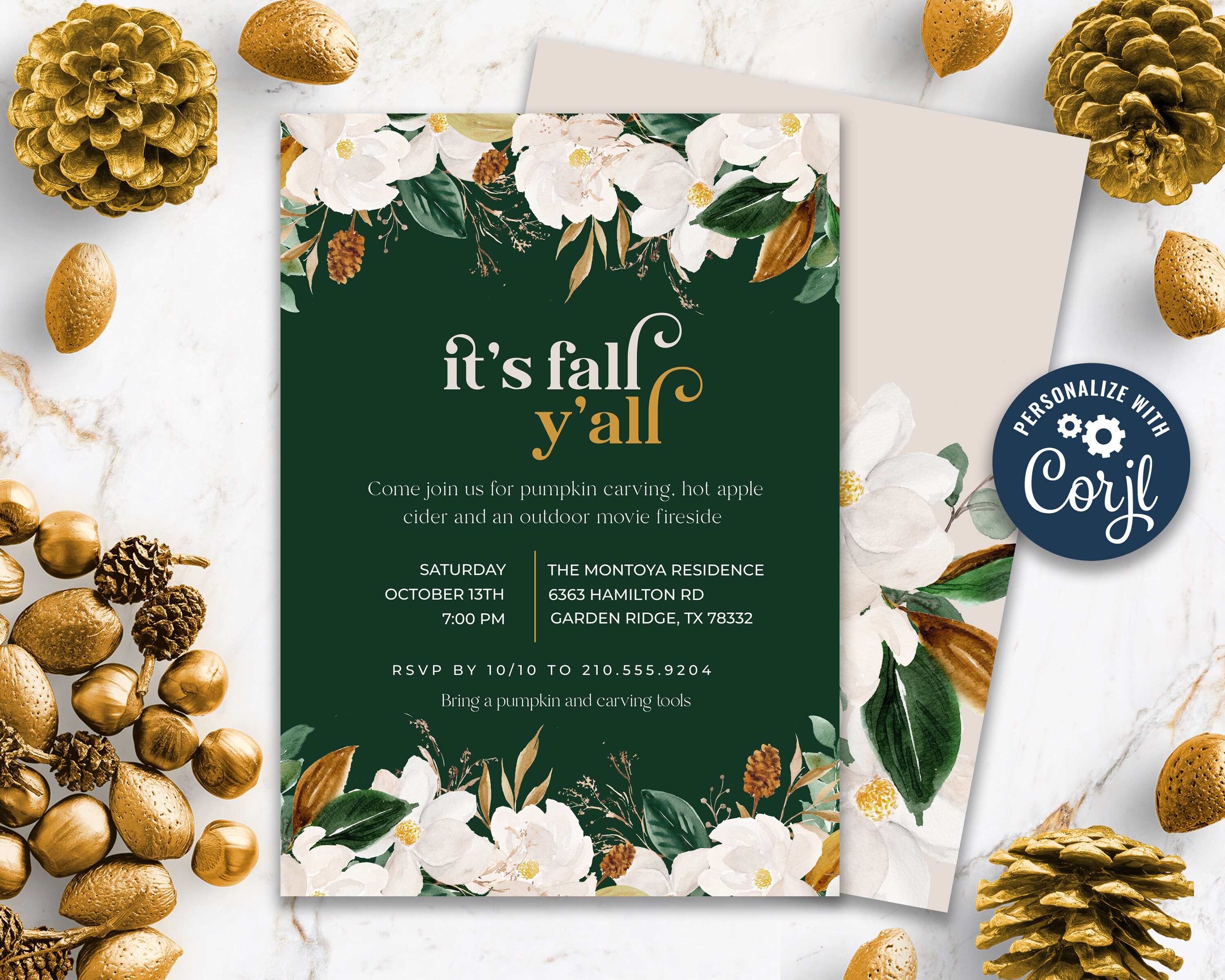 Fall Magnolia Party Invitation, Thanksgiving Invite, Floral Thanksgiving Invitation, Editable Friendsgiving Printable Invitation, Corjl