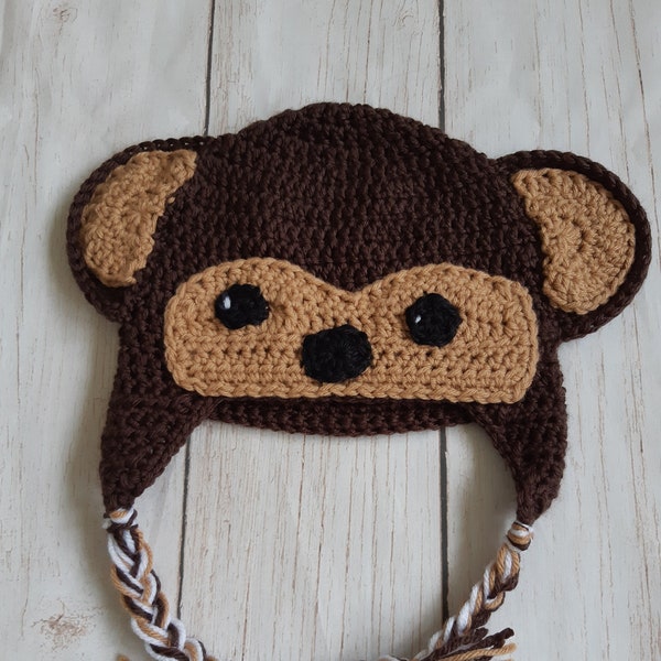 Monkey Hat with Earflaps Toddler Size Fall Autumn Winter Gift for Toddlers Beanie Made in Canada Ready to Ship Gift for Girl Gift for Boy