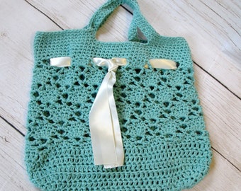 Market Tote Bag with Ribbon Cotton Summer Bag Beach Bag Farmer's Market Produce Bag Gift for Women Eco Friendly Reusable Shopping Bag