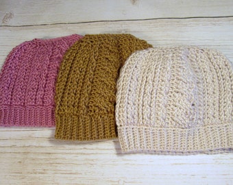 Cabled Messy Bun Beanie, Ponytail Hat, Women's Winter Hat, Runner's Hat, Messy Bun Toque, Clothing Gift Mom Life Knit Accessories